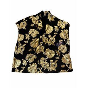 Rachel Roy NWT Black Gold Foil Metallic Floral V-Neck Blouse short size size 1X